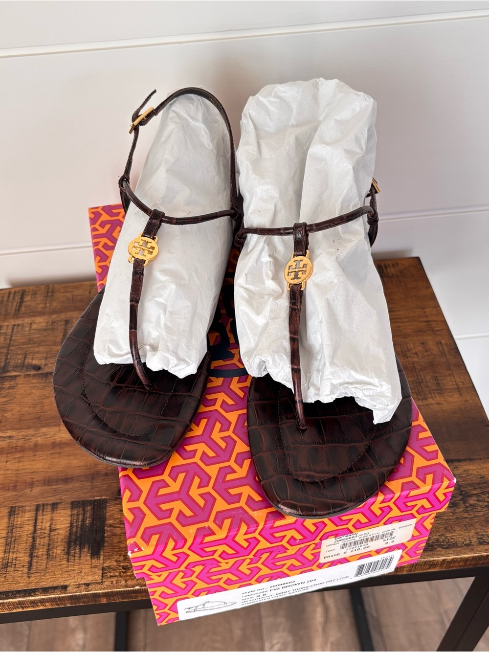 Tory Burch Emmy Thong Sandal Croc Print Brown Leather Women's Size 9.5